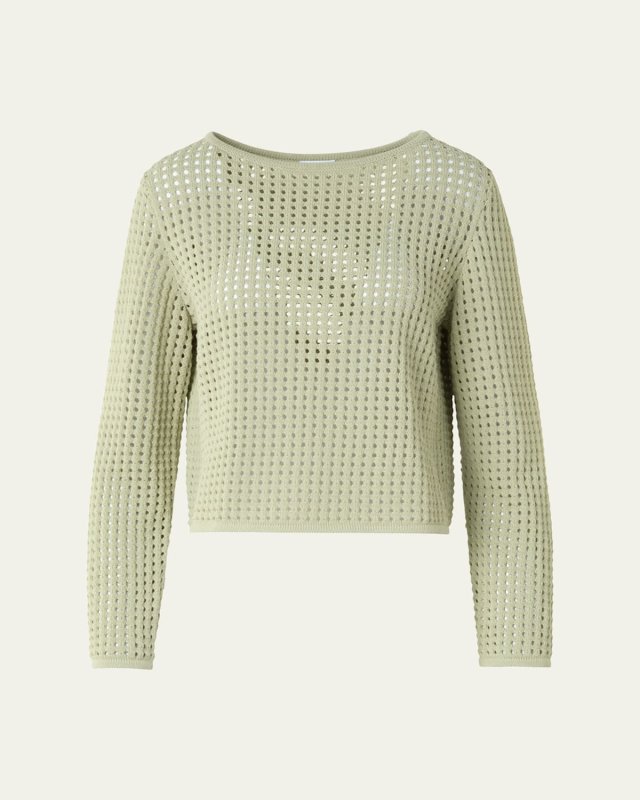 Boat-Neck Chunky Cotton Mesh Knit Sweater